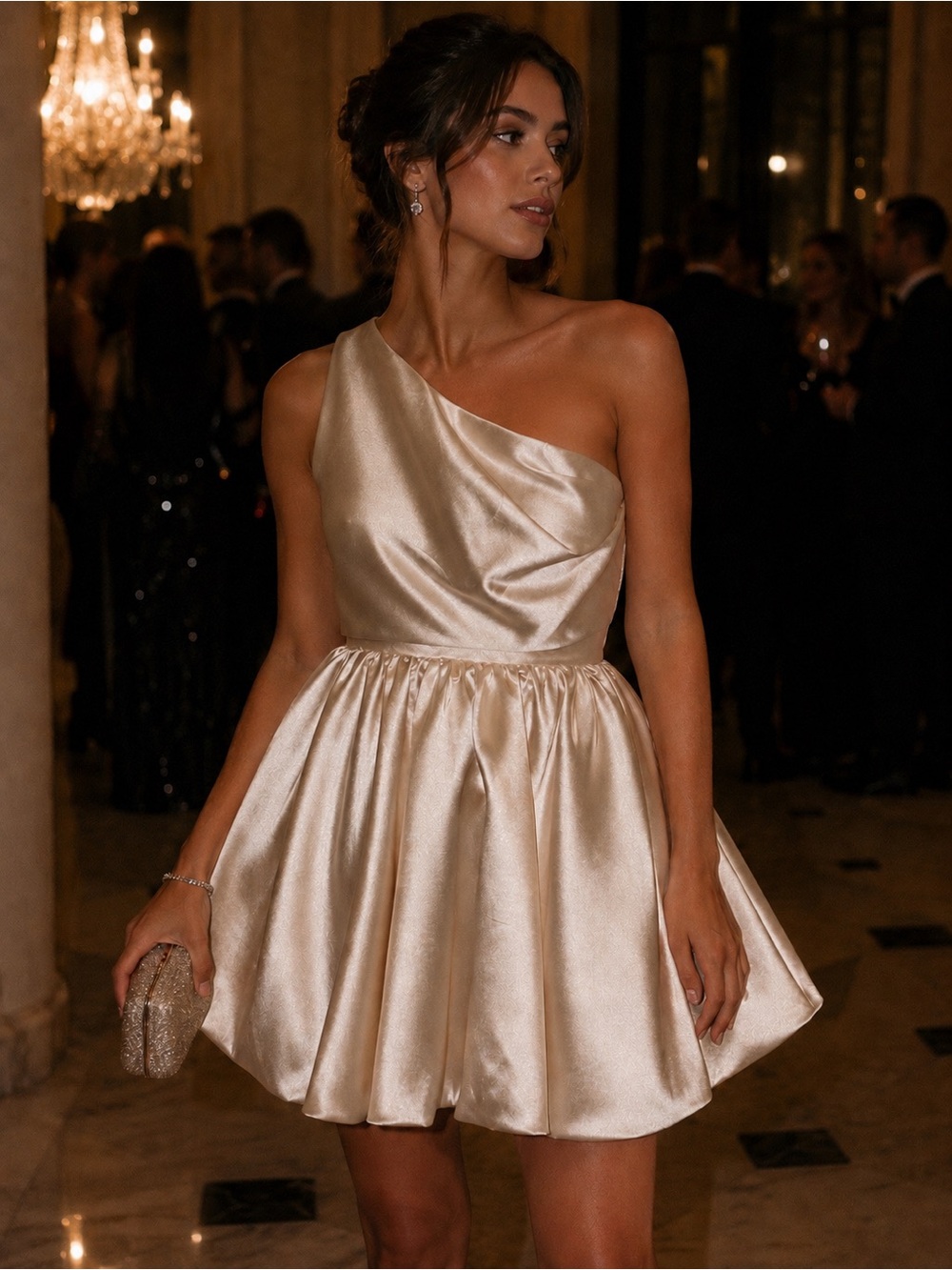 One-Shoulder Satin Party Dress in Champagne
